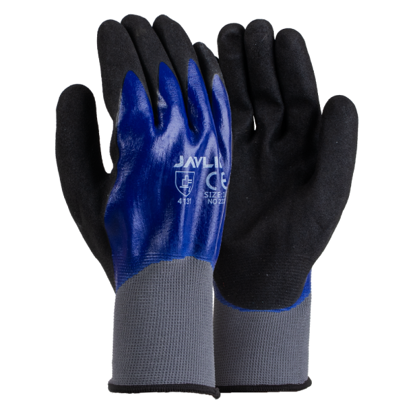 Double NBR Nitrile Coated Black Flexi Gloves With Seamless Blue Liner