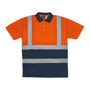Mens Polo Shirt S/S With Reflective Tape - Orange & Navy, L